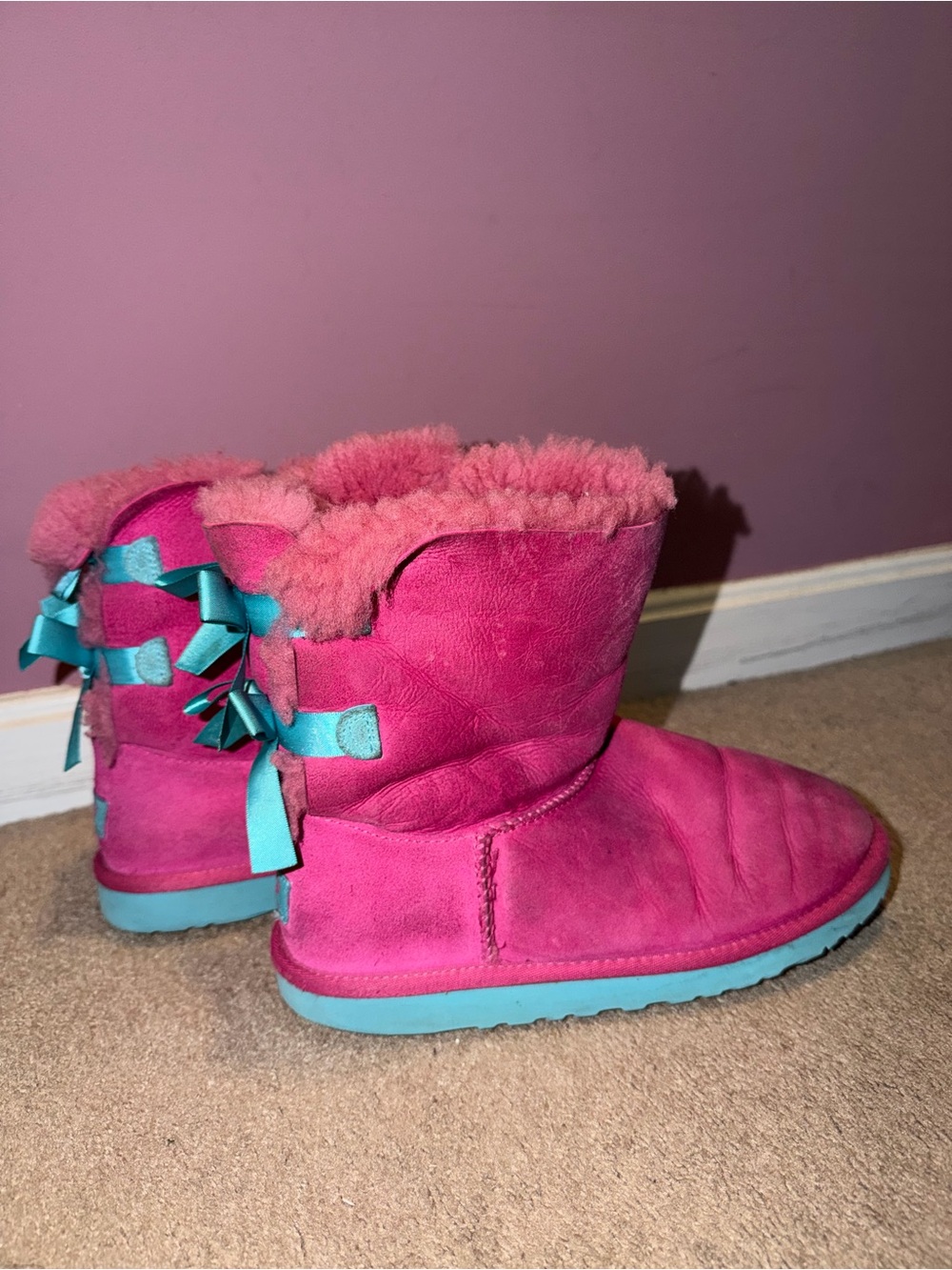 UGG Pink Suede Shearling Boots with Teal Ribbon Bows